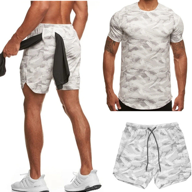 Vêtements de sport pour hommes Costume deux pièces à manches courtes Fitness Loisirs Camouflage