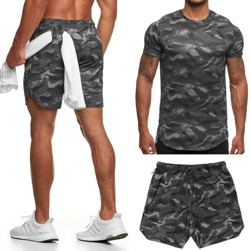 Men sportswear Two-Piece Short-Sleeved Suit Fitness Leisure Camouflage