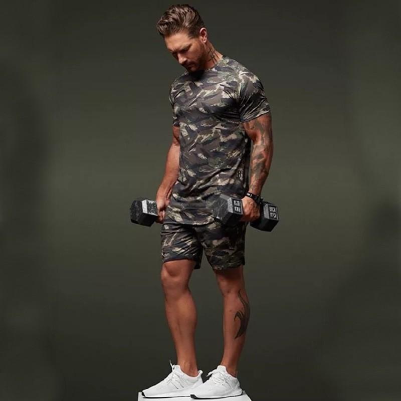 Vêtements de sport pour hommes Costume deux pièces à manches courtes Fitness Loisirs Camouflage