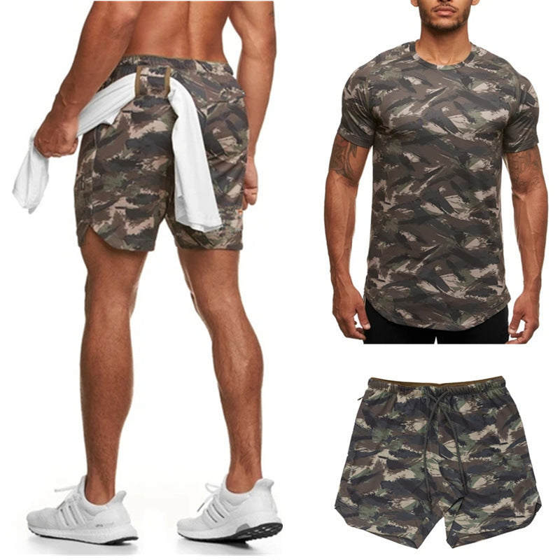 Vêtements de sport pour hommes Costume deux pièces à manches courtes Fitness Loisirs Camouflage