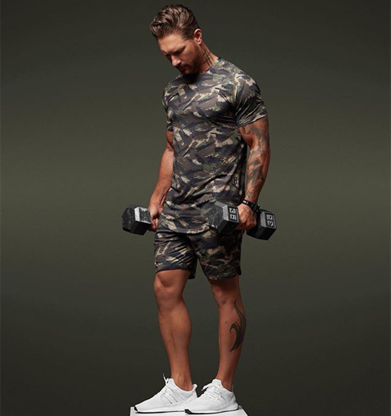 Vêtements de sport pour hommes Costume deux pièces à manches courtes Fitness Loisirs Camouflage