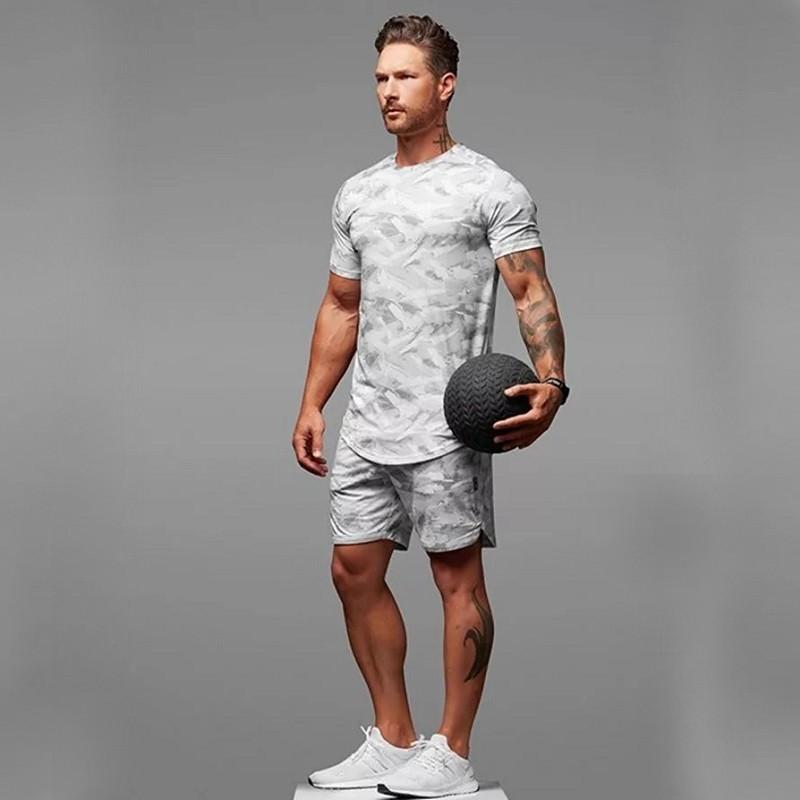 Vêtements de sport pour hommes Costume deux pièces à manches courtes Fitness Loisirs Camouflage