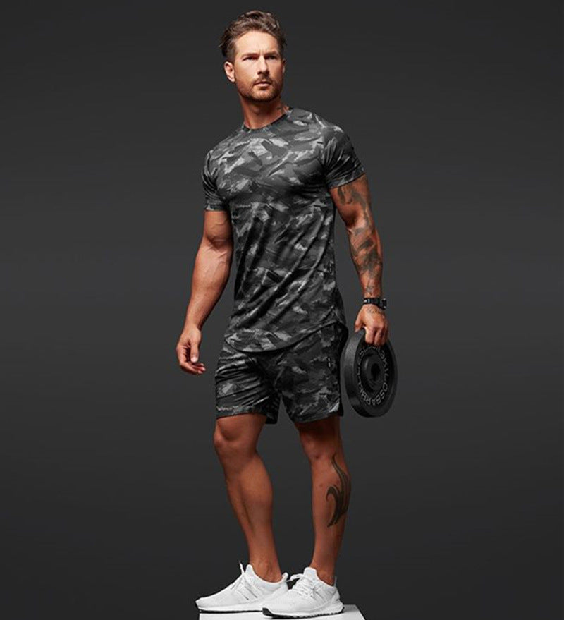 Men sportswear Two-Piece Short-Sleeved Suit Fitness Leisure Camouflage