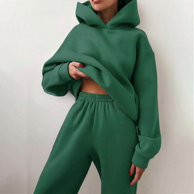 Survêtement pour femmes Casual Solid Long Sleeve Hooded Sport Suits Autumn Warm Hoodie Sweatshirts et Long Pants Fleece Deux Pièces