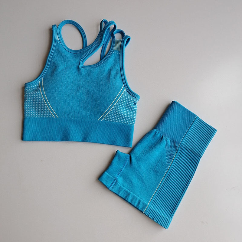 Seamless Yoga Set 2 Pcs Sports Suit Female Workout Clothes Sports Bra + High Waist Gym Shorts Running Women Sportwear