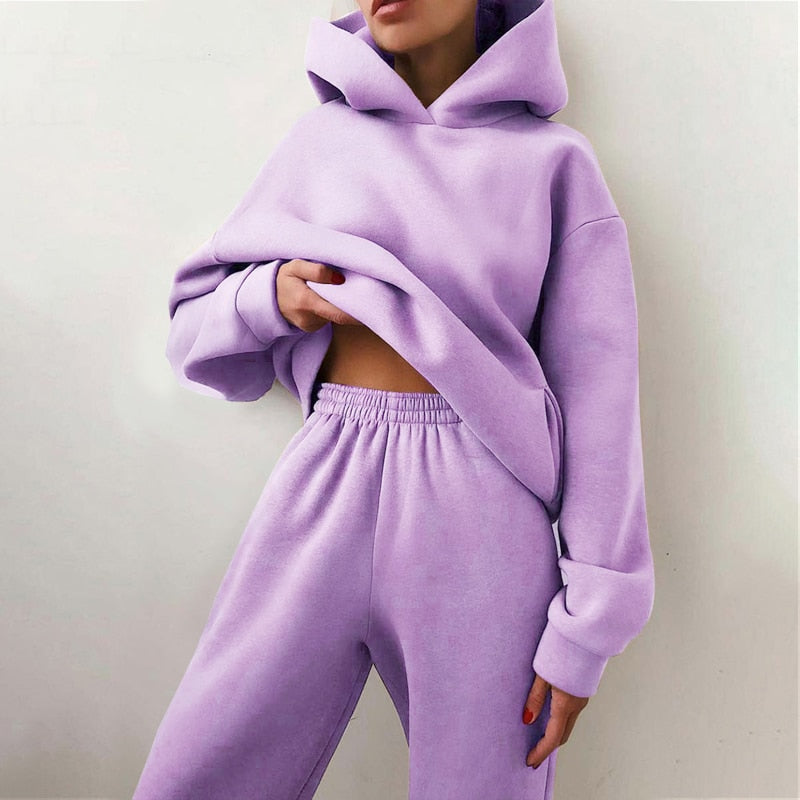 Survêtement pour femmes Casual Solid Long Sleeve Hooded Sport Suits Autumn Warm Hoodie Sweatshirts et Long Pants Fleece Deux Pièces