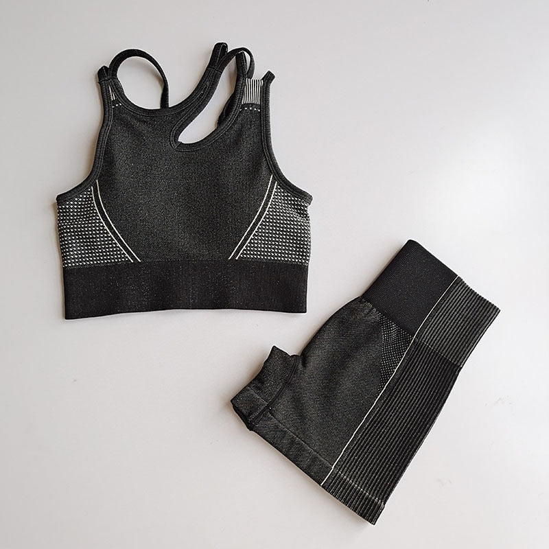 Seamless Yoga Set 2 Pcs Sports Suit Female Workout Clothes Sports Bra + High Waist Gym Shorts Running Women Sportwear