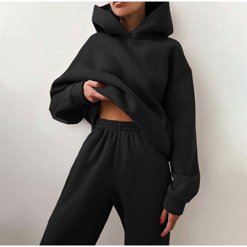 Survêtement pour femmes Casual Solid Long Sleeve Hooded Sport Suits Autumn Warm Hoodie Sweatshirts et Long Pants Fleece Deux Pièces