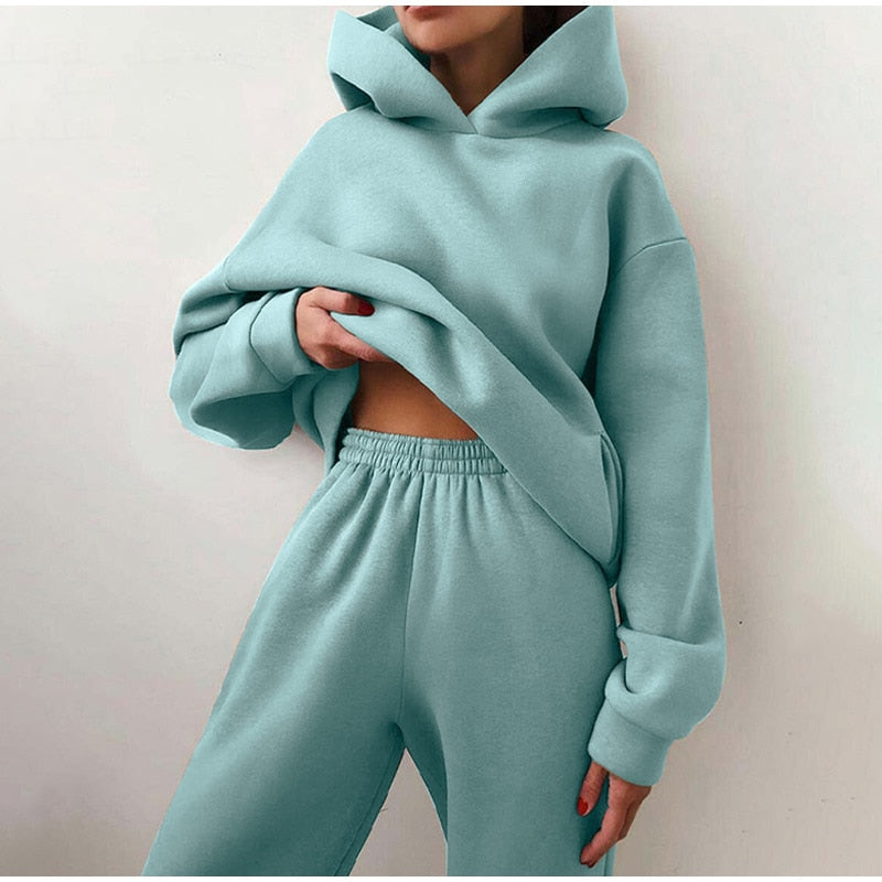 Survêtement pour femmes Casual Solid Long Sleeve Hooded Sport Suits Autumn Warm Hoodie Sweatshirts et Long Pants Fleece Deux Pièces